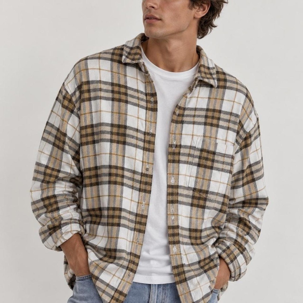 American Eagle Classic Plaid Button Down Shacket Cream